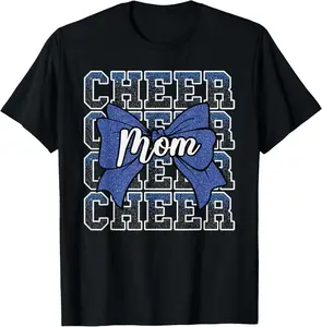 100% Cotton Cheer Mom Mama Bow Sport Cheerleader Cheerleading Blue T-Shirt