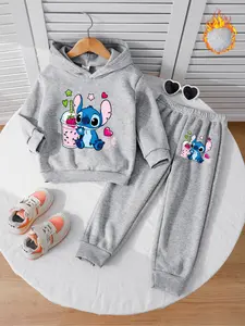 Girls Long Sleeve Fleece Set, Blue Stitch Cartoon Print, Strawberry Drink Design, Comfortable Casual Jogger Pants, Fall & Winter Sweatshirts & Sweatpants