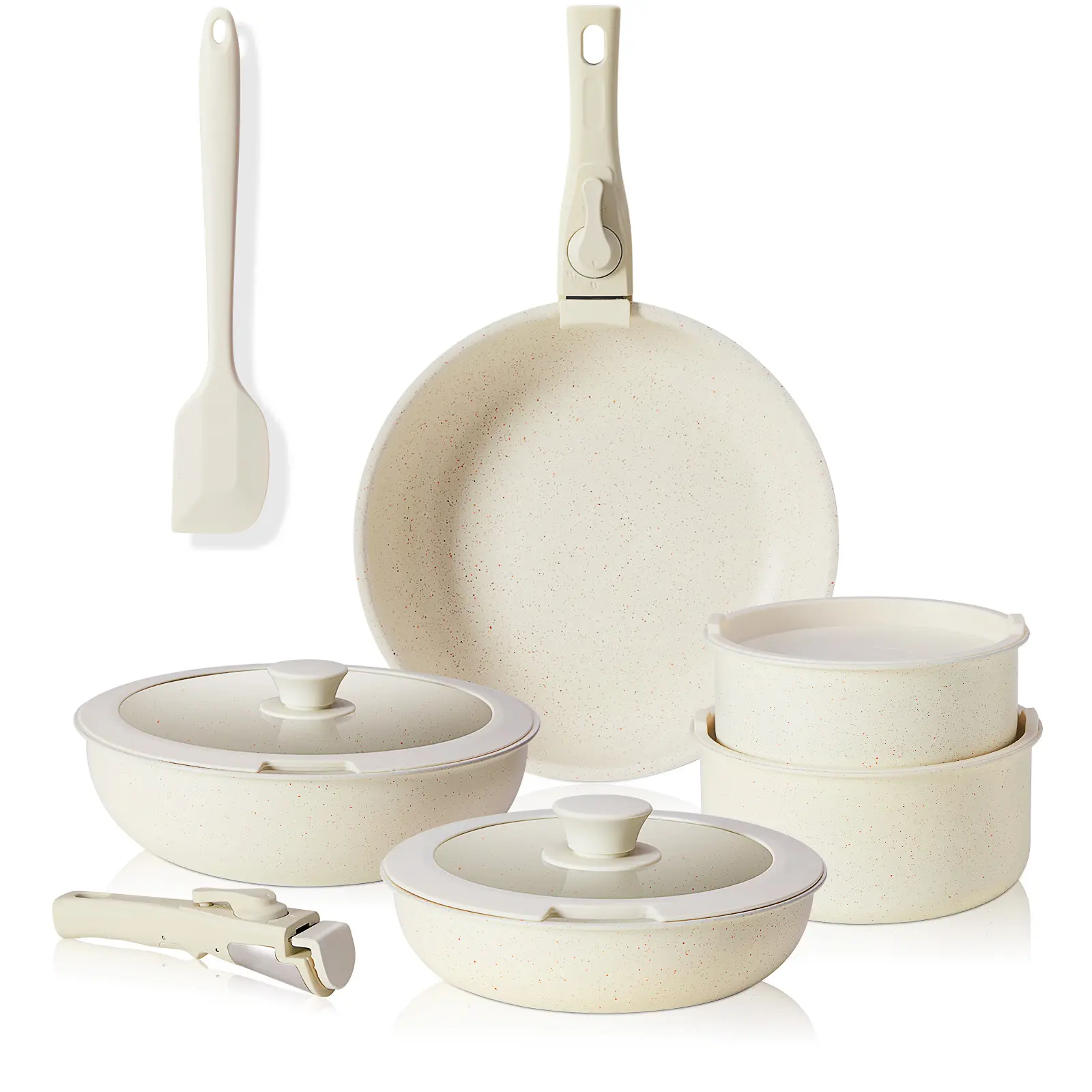 12 Piece Non Stick Pots and Pans Set, Versatile Kitchenware for Home Cooking, Oil Efficient Design, Detachable Handles, Beige Cookware Set