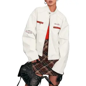 Bakyarder Unisex Faux Leather Moto Jacket Colorblock Embroidered Biker Streetwear Stand Collar Zip Up Coat for Women and Men White Medium