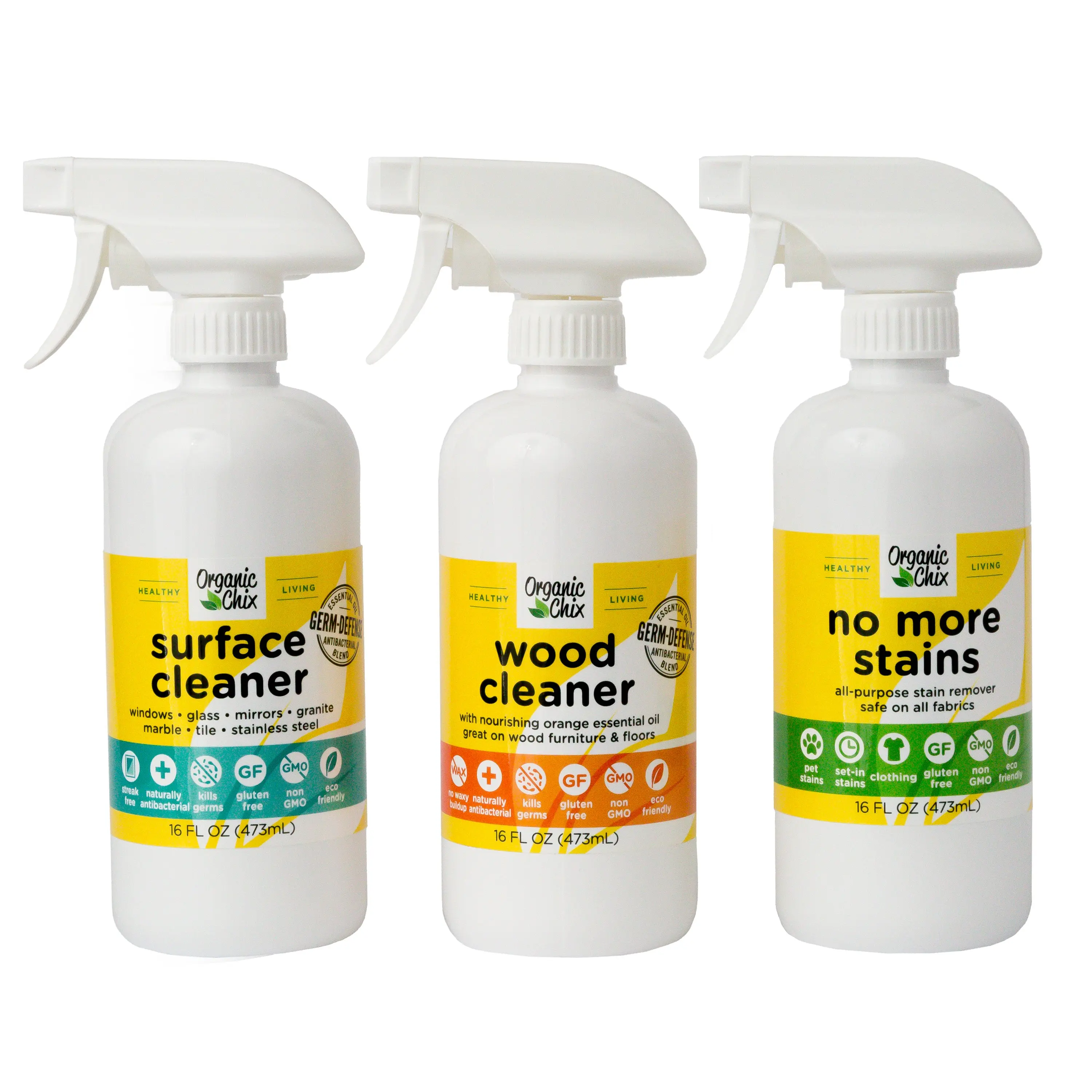 Powerhouse Cleaning Gift Set - 16 oz Surface Cleaner, 16 oz Wood Cleaner, 16 oz No More Stains - Streak and Germ-Free Organic Solutions for Glass, Mirrors, Granite, Marble, Stainless Steel, Tile, Laminate, and More Household Bottles