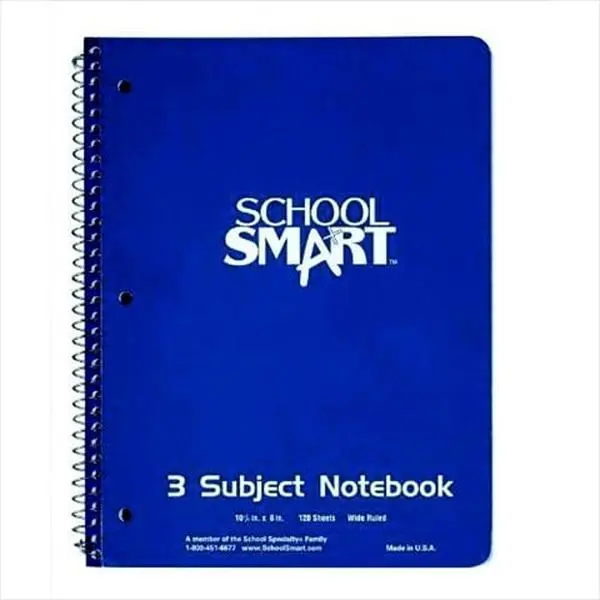 School Smart 085272 5-Subject Spiral Notebook (Spiral Notebooks for School), 10.5x8 in White Sulphite Paper, 3-Hole Punched, Non-Perforated, Wide Ruling, Ruled Pages, Plain Surface, 180 Sheets, Study Stationery