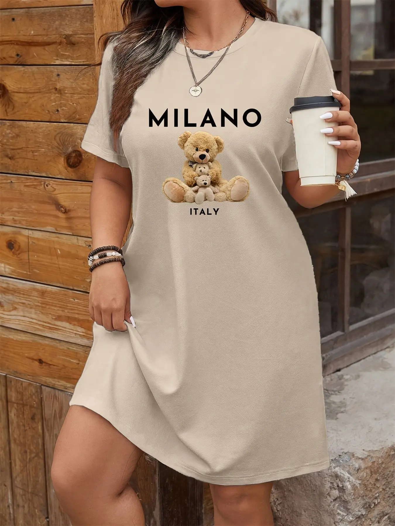 New Summer Women's Knit Dress, Teddy Bear Pattern Milano Letter Print, Casual Long T-Shirt, Round Neck Short Sleeve, Trendy Fashion Casual Wear, Knitted Womenswear