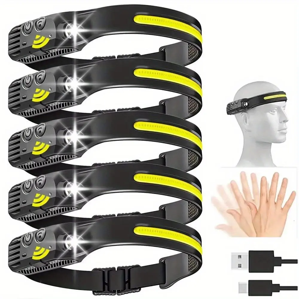 USB Rechargeable Headlamp with Headband - 230° Wide Beam Motion Sensor Flashlight, USB Port Hands-Free Glow Car Indicator Light, Outdoors Camping Great for Fishing After Dark (Mother's Day Gift Option)