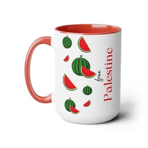 Free Palestine Watermelon 15oz Coffee Mug, Accent and White Palestine Mug