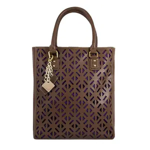 Luminous Chocolate Shoulder Bag - Genuine Caramel Leather with Laser-cut Design & Purple Interior for Work or Casual Outings