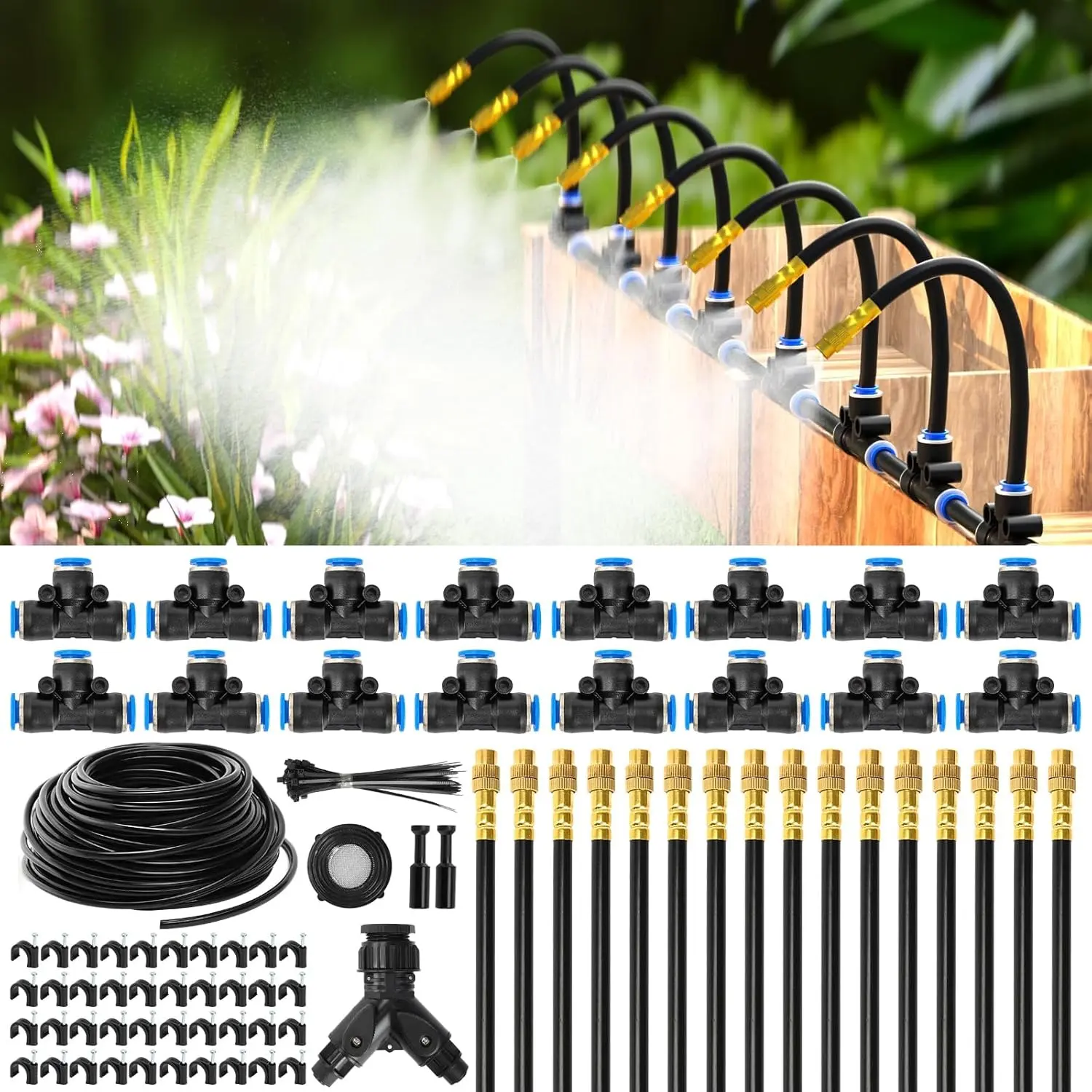100Ft 1/4" Drip Irrigation System, 2026 Upgrade Garden Irrigation Kit with 16Pcs Adjustable Copper Nozzles | Automatic Atomizing Sprinkler, Water Saving Self Watering Design for Raised Bed, Potted Plant, Lawn, Yard, Greenhouse