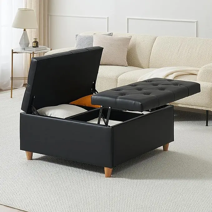 Ottoman Coffee Table with Lift Top,Faux Leather Fabric Tufted Upholstered Ottoman with Storage, Large Square Storage Ottoman Bench for Bedroom, Living Room