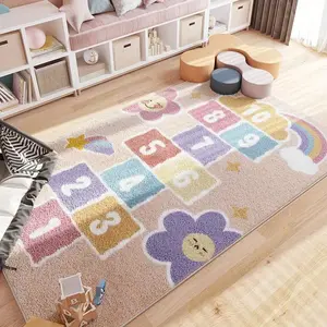 1pc Cartoon Hopscotch Number Carpet Living Room Decoration Fluffy Soft Rug Play Area Bedroom Bedside Carpet Cute Pink and Purple Non-slip Washable Floor Mat Cartoon Pattern Rug