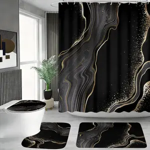 4pcs Marble Gold Pattern Shower Curtain Set, Luxury Abstract Art Bathroom Decor, The floor mat fabric is thicker and softer! Crystal Print Curtains with Matching Rug, Fashionable Bathrooms