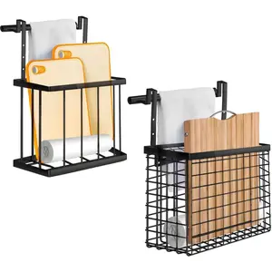 2 Pack Cabinet Door Organizer with Towel Bar Over The Cabinet Door Storage with Towel Holder for Kitchen Cutting Board Black