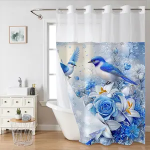 Bird & Flower Pattern Shower Curtain, 1 Set Waterproof Bathroom Shower Curtain with Super Absorbent Mat, Bathroom Accessories