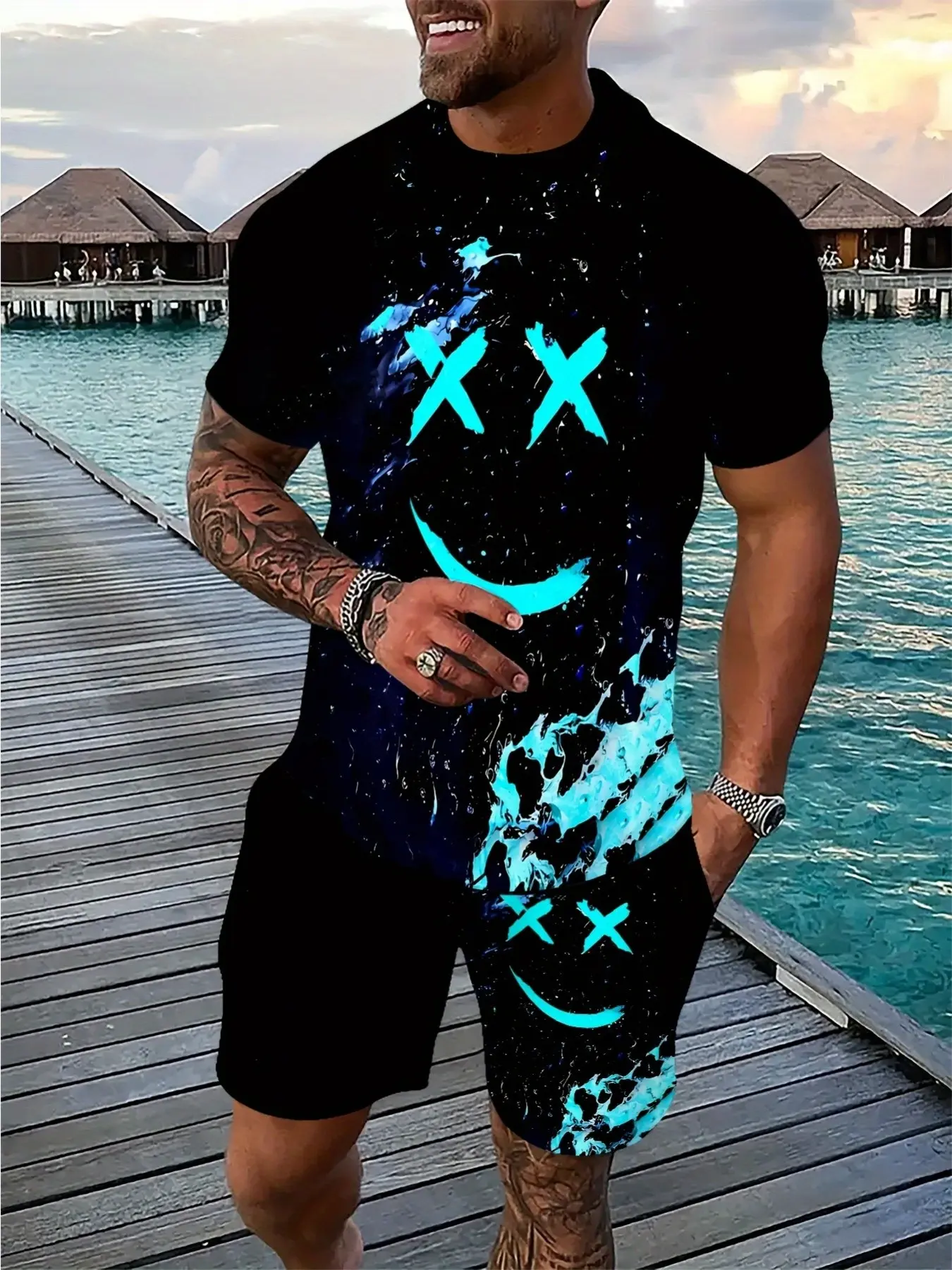 Men's 3D fashionable and fun graphic print casual everyday set, a two-piece set including a summer sporty crewneck short-sleeved top and drawstring shorts, suitable for outdoor and street wear Menswear