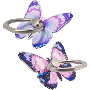 2 count Butterfly Cell Phone Ring Stand Holder, Cute Butterfly Design Finger 360? Rotating Metal Hand Phone Stand Holder, with Adjustable Knob Loop (, Blue)