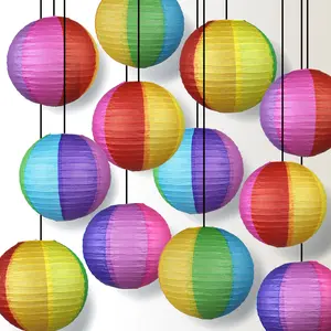 14" Rainbow Multi-Color Paper Lantern, Parallel Ribbing, Hanging Decoration (12-PACK)
