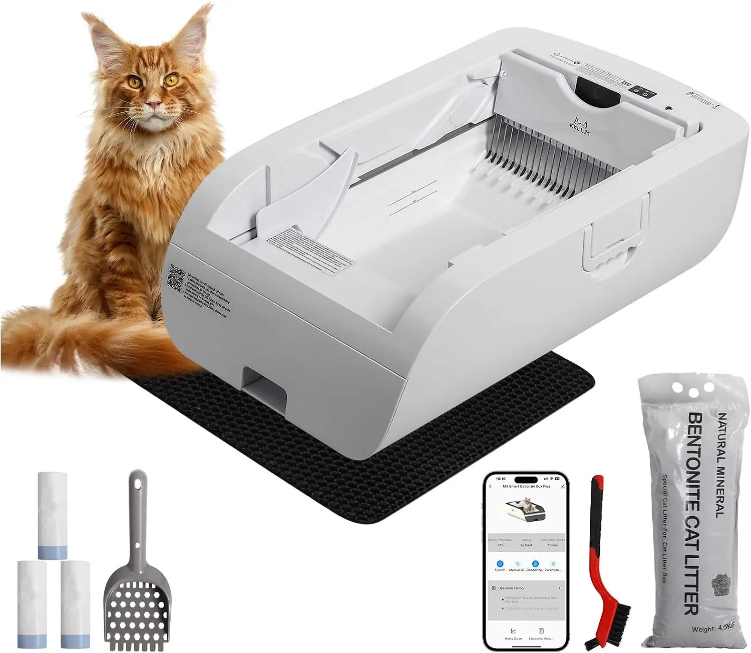 Self Cleaning Litter Box, Open-Top Automatic Cat Litter Box with Smart App Control 2.4G/5G, Anti-Pinch Sensors & Activity Monitoring, Large Capacity for Multi-Cat Households (Grey White)