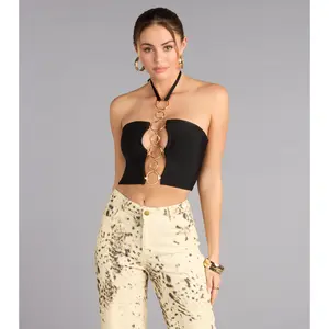 Center Stage Ring Detail Halter Crop Top