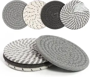 Coasters Set of 4 for Drinks, Cotton Woven Absorbent Boho Coasters for Home Decor Cups - Hot or Cold Drink Thickened (Grey)