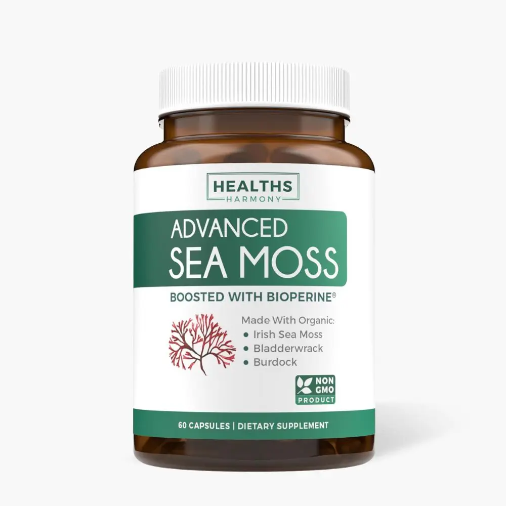 Healths Harmony Advanced Sea Moss Capsules 150g - Organic Irish Sea Moss, Bladderwrack & Burdock, BioPerine Black Pepper Extract, No Fillers - Supplement