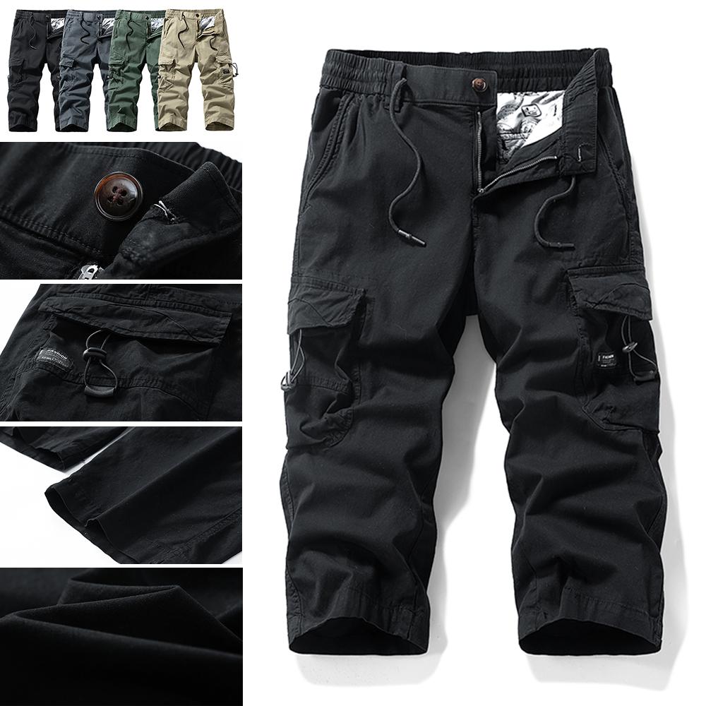 100% Cotton Tactical Cargo Pants with Multiple Pockets, 3D Large Cargo Pockets, Drawstring Bag, Mid-Length Outdoor Hiking Shorts