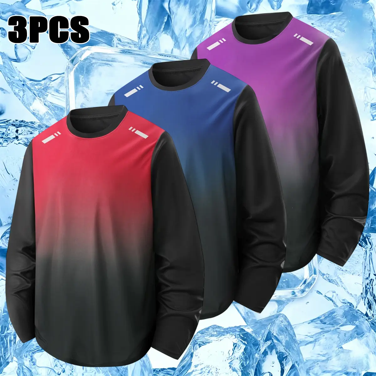 Men's 3pcs Gradient Sports T-Shirts - Long Sleeve Polyester Tops, Quick Dry, Breathable, Fitted, Sporty Chic for Running, Hiking, Male Fit Inspo, Ginger Yellow + Dark Blue + Purple