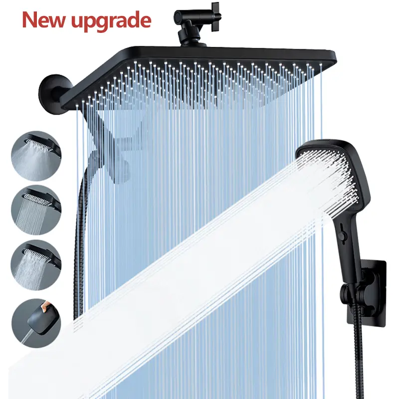 Newly upgraded rainfall shower head set with a 4-mode handheld shower, 1.5 m (59-inch) hose, shower holder, and an adjustable extension arm with adjustable height and angle. A must-have upgrade for any bathroom.