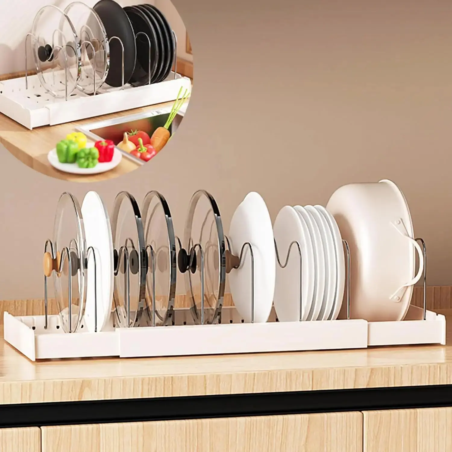 Under-Cabinet Pull-Out Carbon Steel Pots and Pans Organizer, Expandable Reconfigurable Kitchen Supplies Rack with 12 Adjustable Dividers, House Organizers for Lids, Cutting Boards
