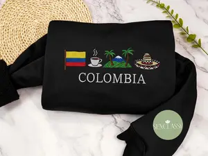 Colombia Embroidered Sweatshirt, Cozy, Black, Sombrero Vueltiao,Cafe Eje Cafetero, Palma de Cera, Andes Symbol Stitch Crewneck Unisex