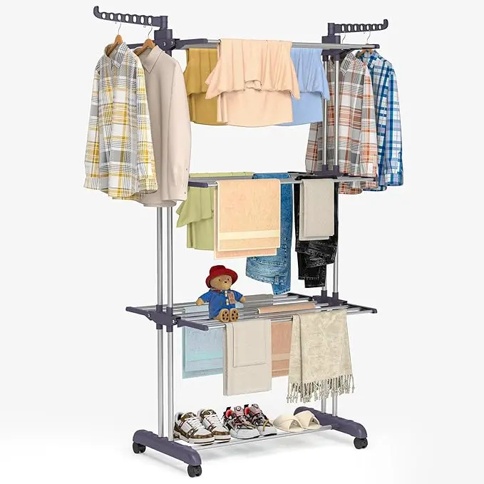 Collapsible Movable 3-Tier Rolling Clothes Drying Rack with Dual Side Wings, Laundry Dryer Stand, Hanger Rail, Iron Hangable Feature for Home, Outdoor Golf Gear & Shoe Drying-2534, Outdoors, Foldable Laundry Rack