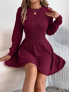 Women's Casual Round Neck Long Sleeve Fitted Sweater Dress, Autumn Winter Plain Knitwear, Comfortable Daily Wear, Ladies Chic Fashion Clothing