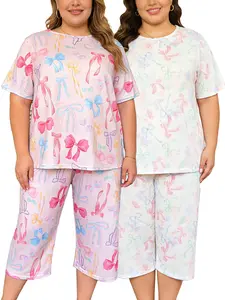 Plus Size 1XL-5XL Women's 2-sets Pajama Set bow motifs Short-Sleeve Top Capri Pants Loungewear Soft Breathable Fabric