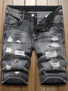 Men's Ripped Denim Shorts, Elastic Comfortable Slim Fit, Emo Style Casual Wear, Fashion Design, Daily Use, Natural Waist, Zipper Fly, Everyday Shorts, Casual Skinny Shorts