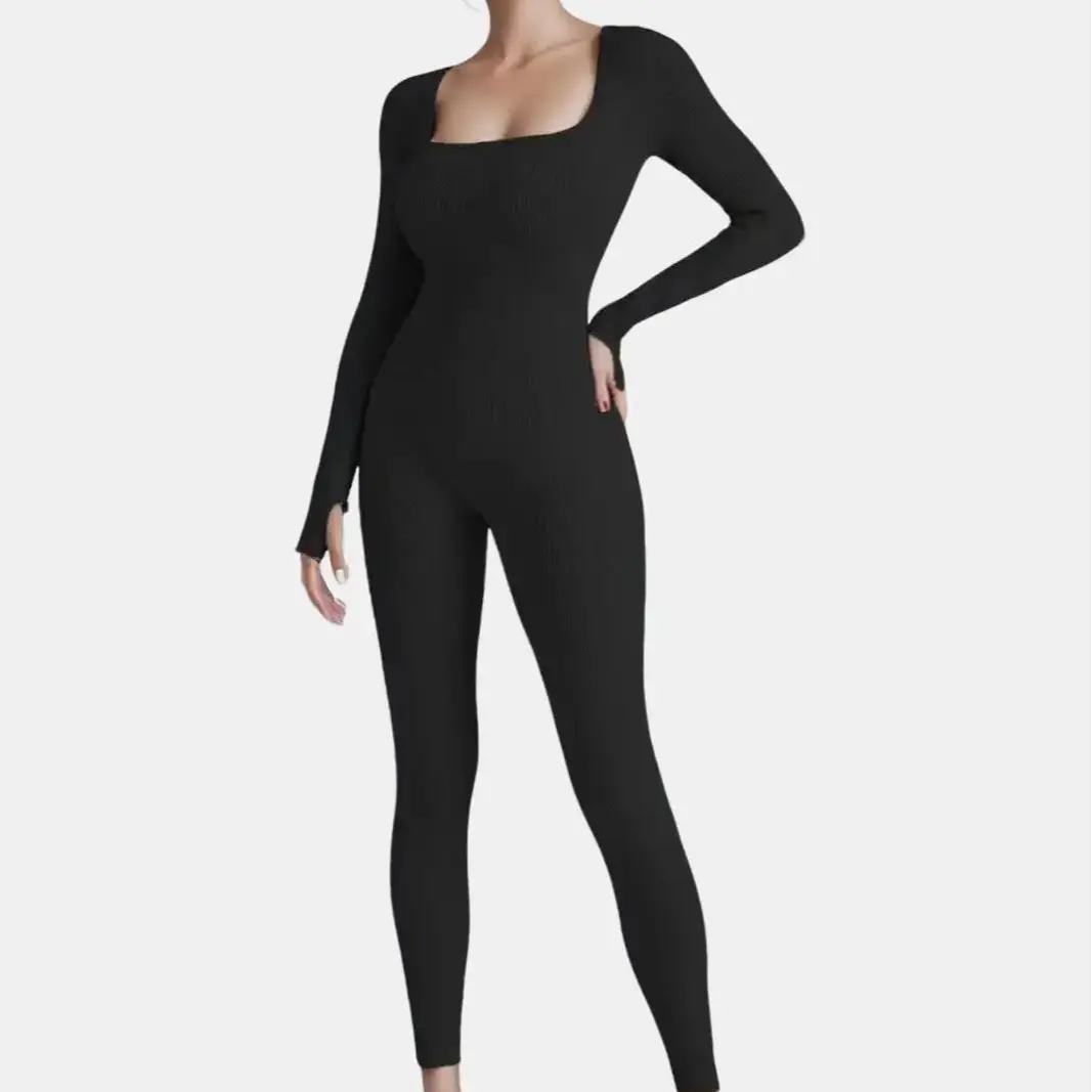 Women Yoga Jumpsuits Workout Ribbed Long Sleeve Square Neck Sport Jumpsuits  Long Sleeve Shapewear Hip One Piece Pant Romper Bodysuit Workout Outfits Overalls Women's Navy Long Sleeve Jumpsuit