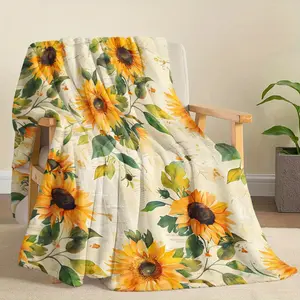 Vintage Retro Sunflower Print Flannel Flower Blanket Throw - 1pc 280GSM Soft Warm Decorative Blanket, Watercolor & Old Newspaper Plant Design, Ideal Holiday Gift for Family Naps, Flower Blankets