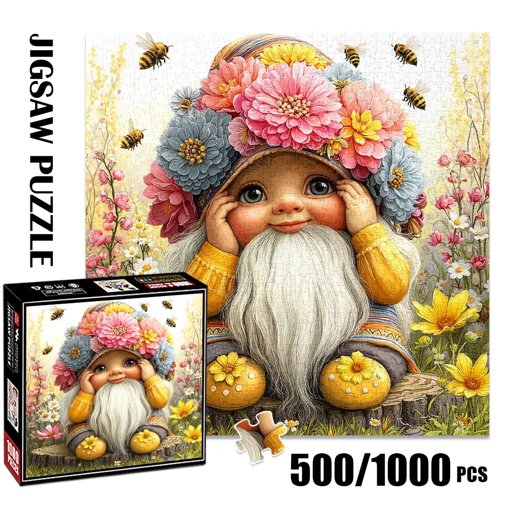 1pc 1000 piece adult Jigsaw Puzzle Art Puzzles 58x58cm Flower - Crowned Gnome with Bees in Floral Scene 500 pieces of paper puzzle, suitable for adults and families, large-scale DIY puzzle interactive toy games, b