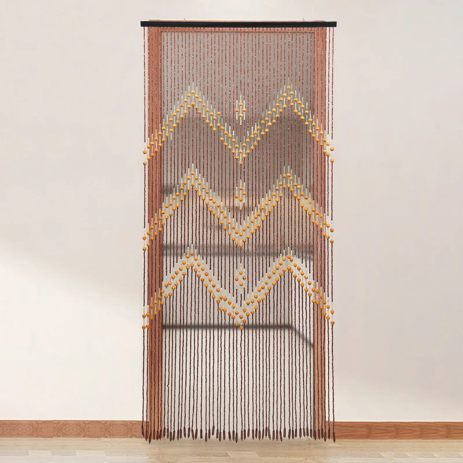 Handmade Traditional Chinese-Style Wooden Beaded Curtain - Bamboo, Cotton Thread, Zigzag Beads Design, Durable 90x195cm Drapes, Window Decorations Supplies, Patio Door Privacy Screen, Wall Decor