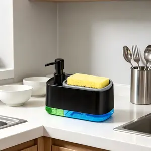 3-in-1 Kitchen Soap Dispenser Set with Sponge Holder - Dual Hand & Dish Soap Pump Dispenser for Sink Countertop with 2-Packs Natural Loofah Dish Sponge Dishwashing Scrubber,Black