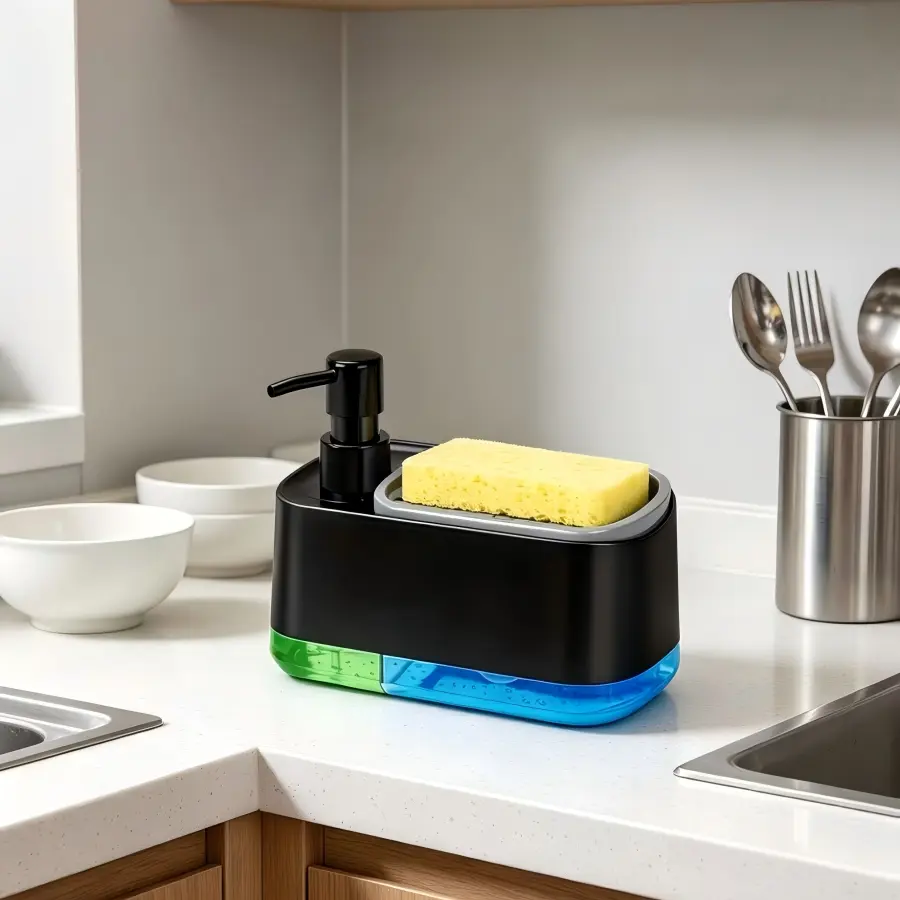 Multifunctional Black 3-in-1 Compact Leak-Proof Kitchen Soap Dispenser Set with Sponge Holder - 500ml Durable ABS Plastic Corrosion-Resistant Refillable Dual Pumps, 2-Pack Natural Loofah Scrubbers for Sink Countertop, Small Kitchen Accessories, Containers