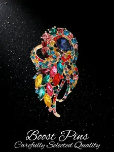 Gold Tone Multicolor Crystal Feather Brooch for Women, Full Paved Rainbow Rhinestone with Large Navy Blue Teardrop Center, Alloy Statement Lapel Pin, Fashion Jewelry for Coat Scarf, Birthday Party Gift for Her, Brooch with Crystals