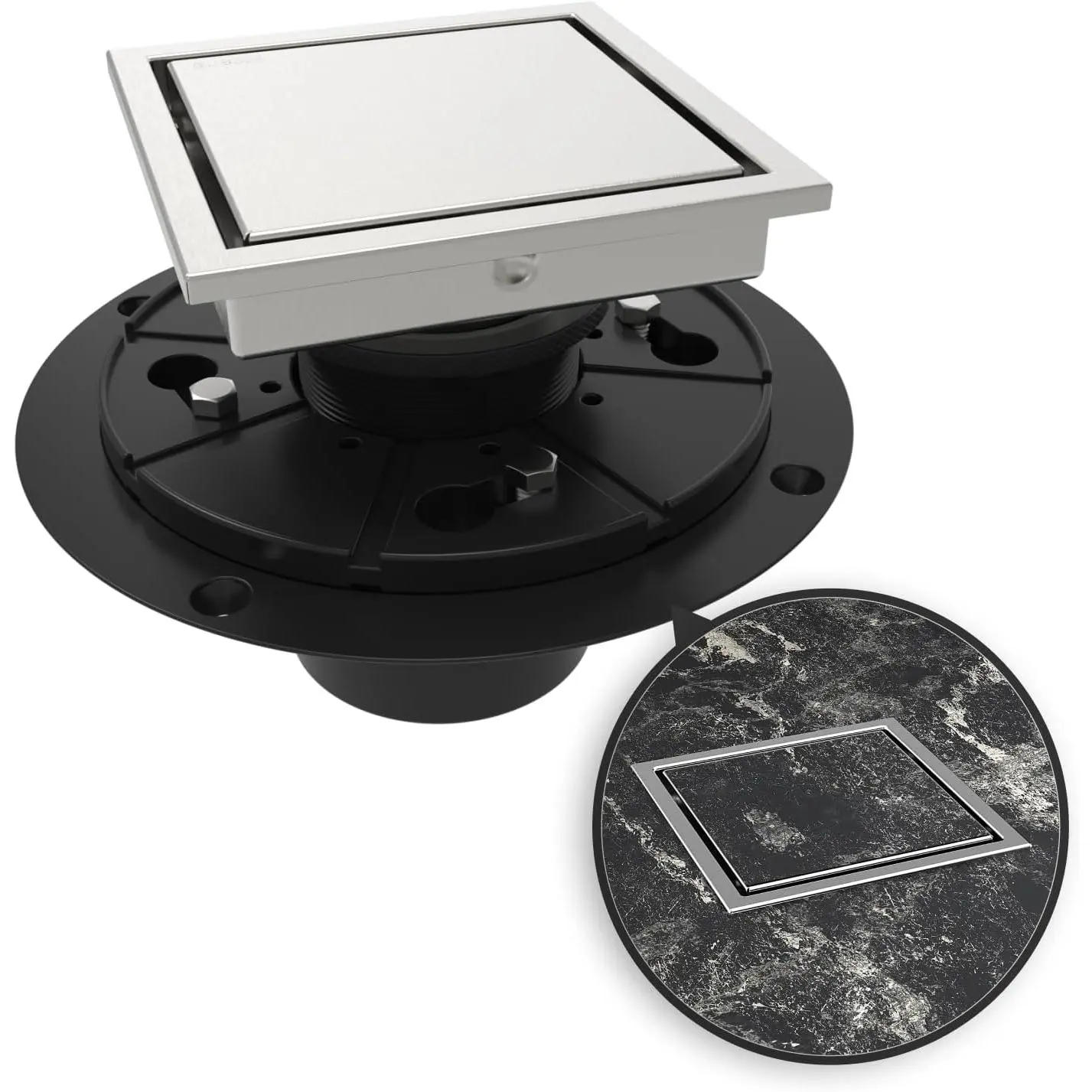 SUS304 Stainless Steel 4-in Square Shower Floor Drain with Flange, 2-in-1 Reversible Tile Insert Grate, Removable Lifting Hook, Fast Draining, Debris Blocker, Brushed Finish, CUPC Certified for 4-1/4 inch Bathrooms, Balconies, Shower Drain
