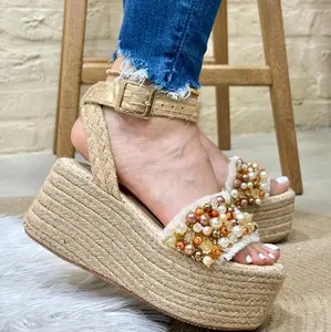 ALBY<> Sandalia de Platform with 8 cm Height Beaded Espadrille Sandals for Platform Style