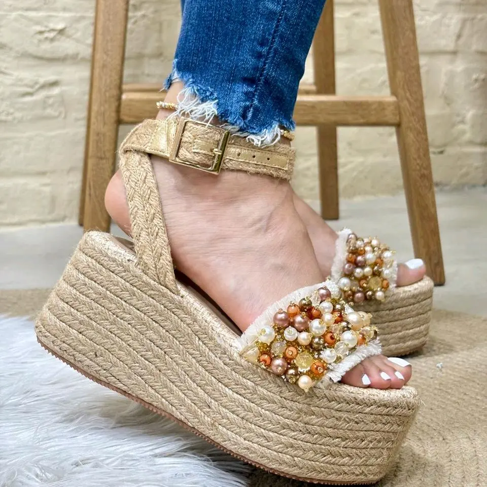 ALBITA Women's Stylish Beaded Espadrille Platform Sandals - 8 cm Height, Colorful Decor, Fashionable Shoe & Footwear for Platform Style