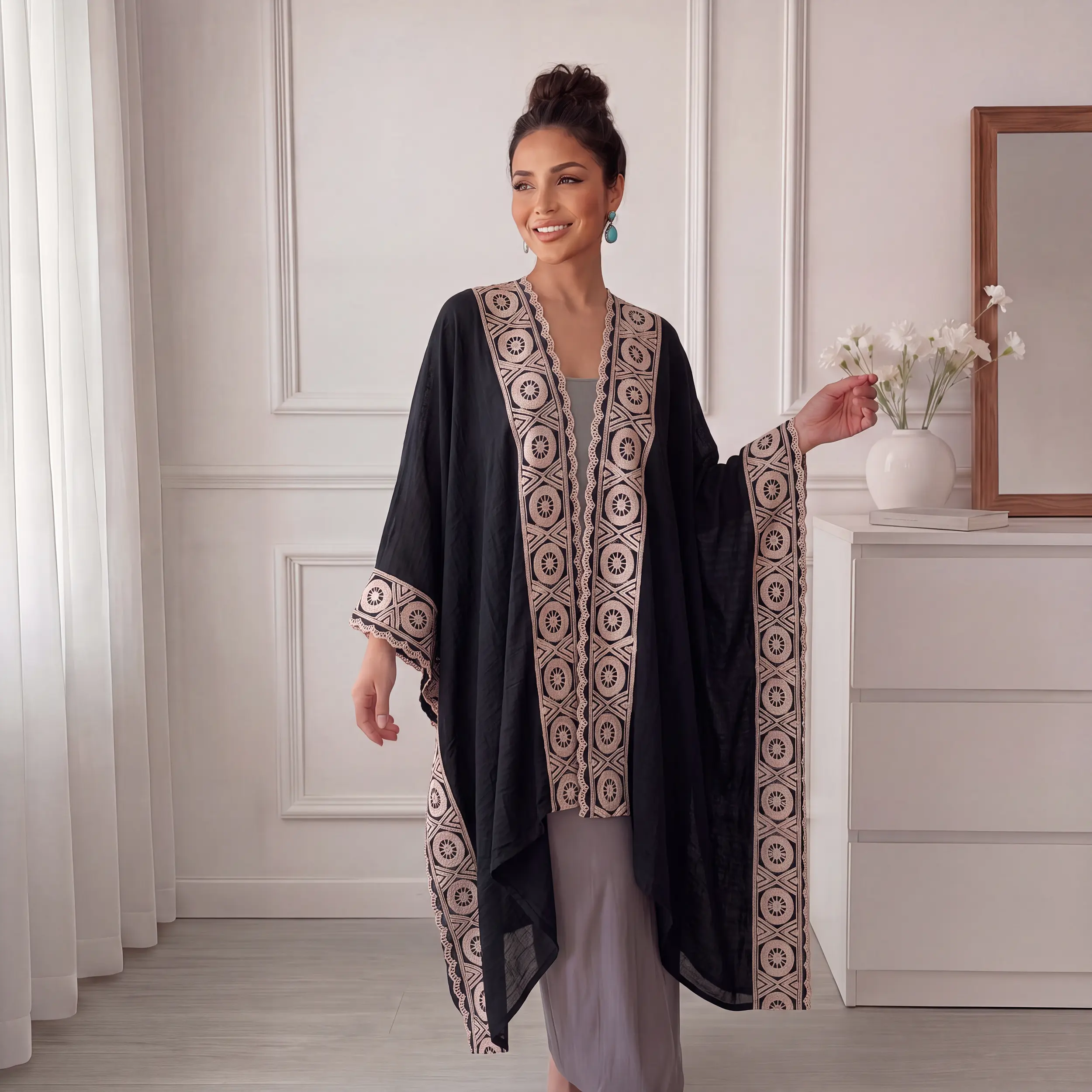 Boho Geometric Circular Pattern Embroidery Kimono Cardigan for Ladies, Scallop Lace Edge Oversized Batwing Sleeve Open Abaya Cover‑Up, Lightweight Islamic Modest Outerwear