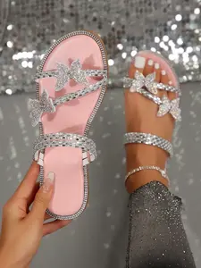 Women's Rhinestone Bow Sandals, Summer Fall Fashion Shoes, Party Dating Streetwear, French Style Slip-Ons, Glitter Strappy Sandals