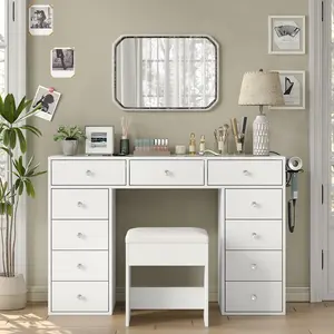 Mirrorless Vanity Desk, Makeup Vanity with 11 Drawers and Charging Station, White Vanity with Storage for Bedroom, Home Office Computer Desk for Bedroom, White,SummerVibe