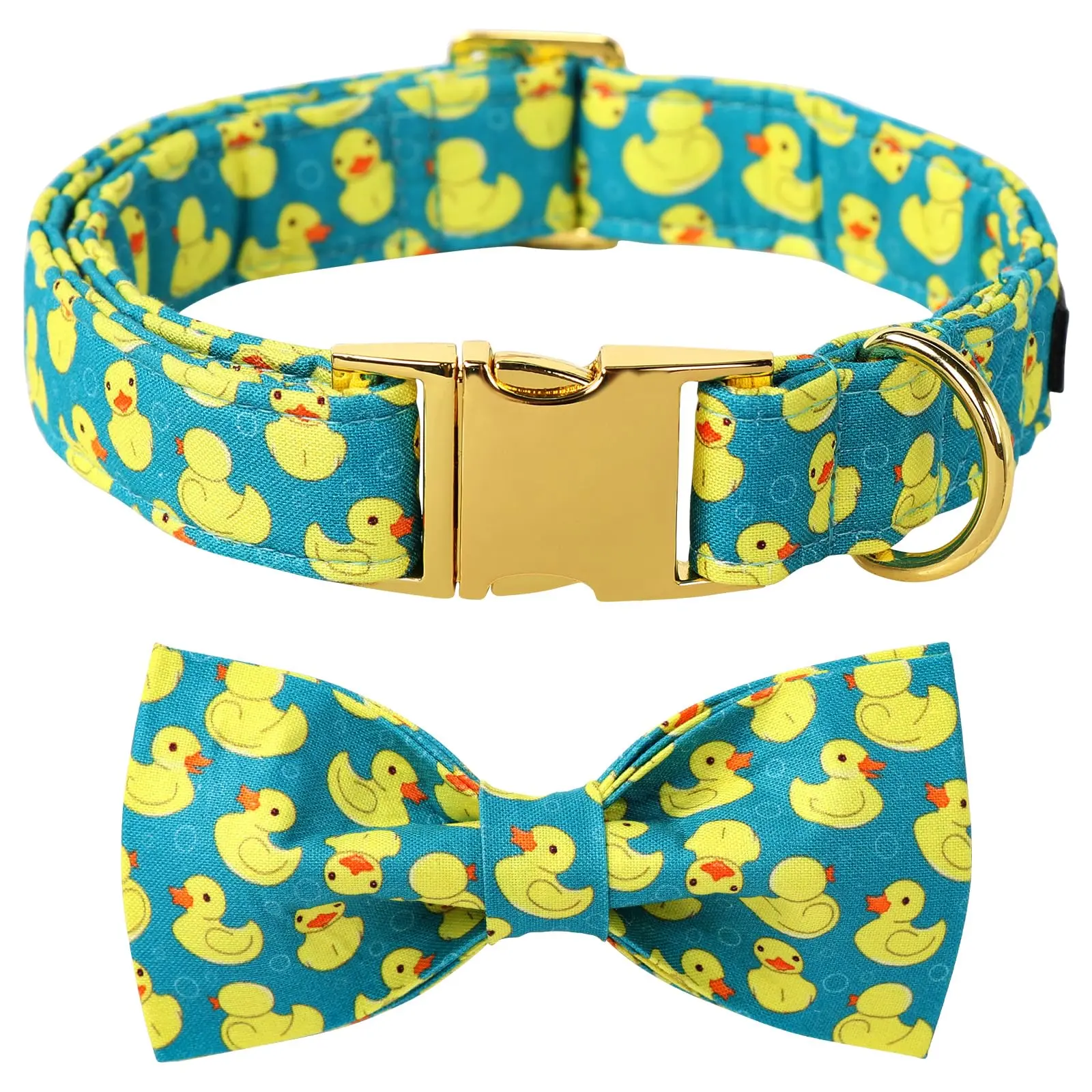 Maca Bates Eco-Cotton Adjustable Dog Collar - Duck Print, Bow Tie & Flower Tie Options - Yellow Style - Fits All Sizes
