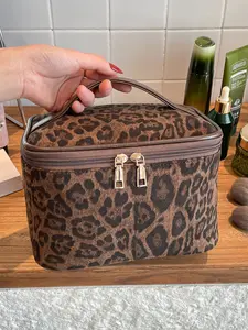 Women's Vintage Leopard Print Canvas Makeup Bag, Makeup Organizer Pouch, Large Capacity Zipper Compartment, Easy Storage, Essential Travel Organizer, Birthday Gift
