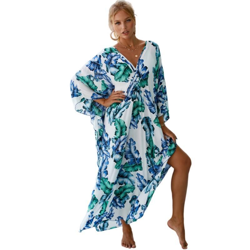 Women's Plus Size Viscose Caftan Dress - Boho Chic Style, V-Neck, Batwing Sleeves, Leaf Print, Flowy, Lightweight, Elegant, Ethnic Fit, Beach Resort & Loungewear