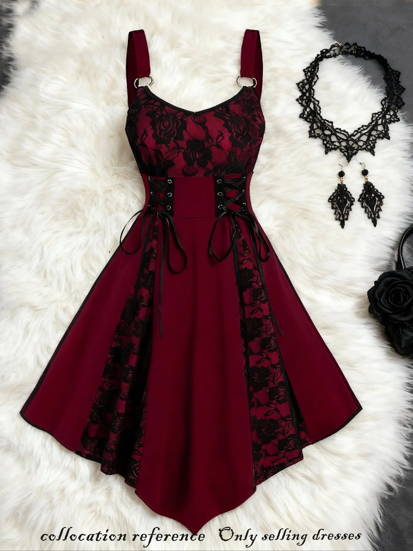 Women's Gothic Lace Patchwork Rose Dress, Sleeveless Waist-Tie Party Gown, Vintage Aesthetic Style Dress for Gothic Lovers