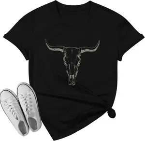 Cow Skull Shirt Women T Shirt Vintage Western Rodeo Graphic 100% Cotton Tee Short Sleeve Skull Casual Top